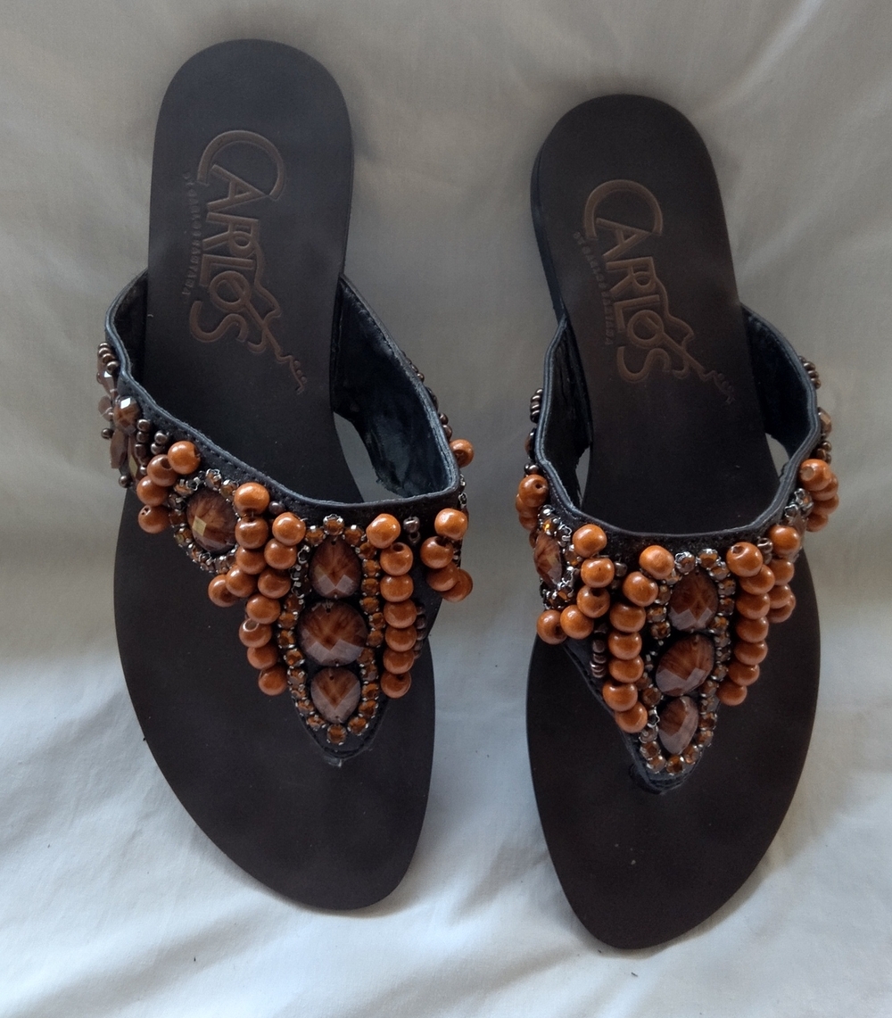 Carlos by Carlos Santana Brown Thong Sandals with Orange Gem and Beaded Accents